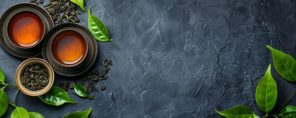 A black background with two tea cups and a bowl of tea leaves