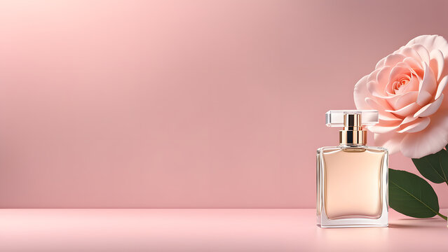 A bottle of perfume is on a table next to a rose