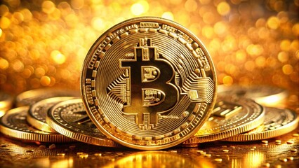 Golden coins with bitcoin symbol on a gold background.