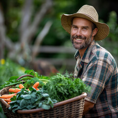 Portrait of a happy farmer in the garden Fresh vegetables are being harvested. Carrots and green leafy vegetables. , farm , garden