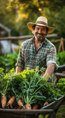 Portrait of a happy farmer in the garden Fresh vegetables are being harvested. Carrots and green leafy vegetables. , farm , garden