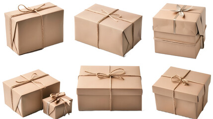 Set of brown craft paper wrapped gift boxes, cut out
