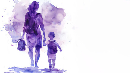 Obraz premium Purple watercolor of A mother with her preschooler going to school
