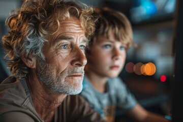 Obraz premium Grandfather and grandson focused on a computer screen