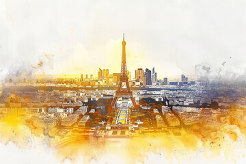 Yellow watercolor paint of Paris cityscape with the Eiffel Tower