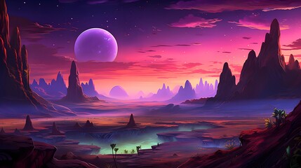 Fantasy alien planet. Mountain and lake. 3D illustration.