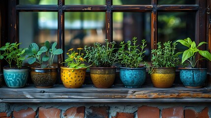 A windowsill filled with various herbs growing in colorful ceramic pots - Powered by Adobe