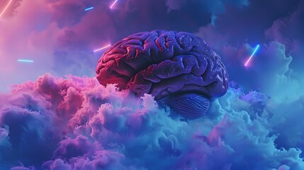 Obraz premium a brain emerging from a colorful cloudscape with shades of pink blue and purple illuminated by glowing streaks of light in a surreal and futuristic atmosphere.