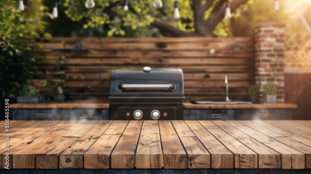 Poster barbecue grill in the background of the backyard with an empty wooden table. family party concept