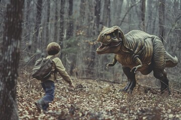 Asian boy chased by giant T-Rex in the forest