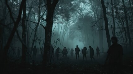 A group of people were walking through a dark forest.