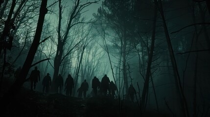 A dark forest with many shadows of people.