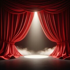 Open red 3D rendering curtains inspired by film and theater background