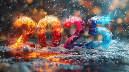 Vibrant and colorful 2025 numbers glowing with fiery and icy effects, symbolizing excitement and celebration, set against a sparkling bokeh background