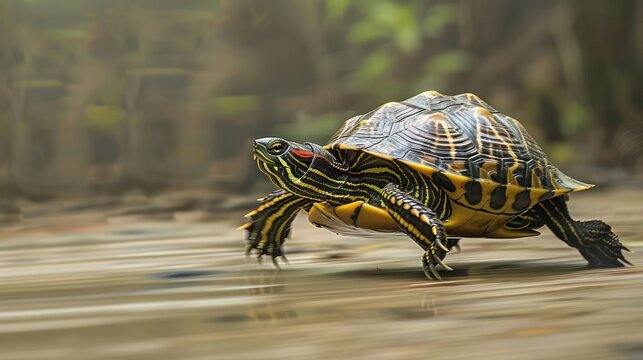 A fast turtle runs at high speed on the road.