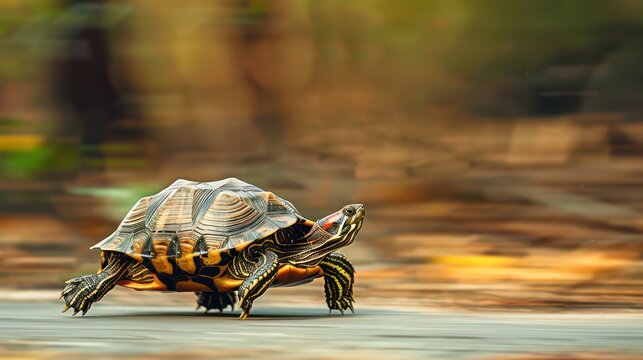 A fast turtle runs at high speed on the road.