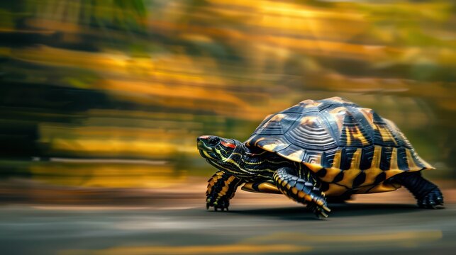 A fast turtle runs at high speed on the road.