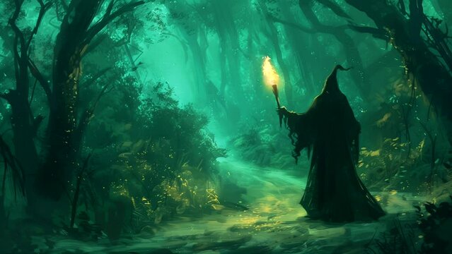 Silhouette of witch with torch in enchanted forest at fantasy night. Looping time-lapse video
