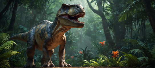 A T-Rex dinosaur in a fantastic jungle.
