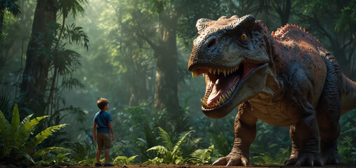 A T-Rex dinosaur and a child in a fantastic jungle.
