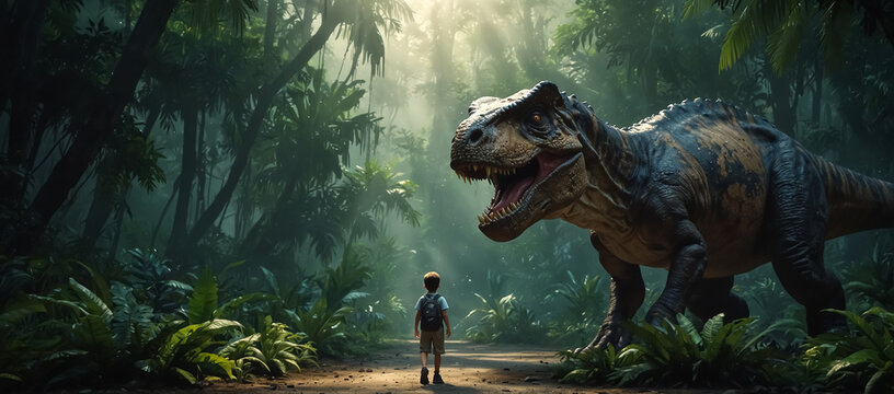 Fototapeta A T-Rex dinosaur and a child in a fantastic jungle. 