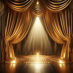Open golden 3D rendering curtains inspired by film and theater