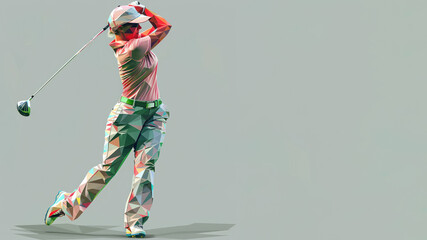 Green pink geometric shape illustration of golf player after hitting the ball