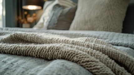 A glimpse of a textured throw artfully folded at the foot of the bed adding warmth and depth to the overall aesthetic.