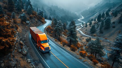 An aerial shot of a container truck navigating a winding mountain road