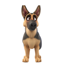 Obraz premium A 3D cartoon character of a protective German Shepherd, alert and strong, standing guard, brave, isolated on a white background. 