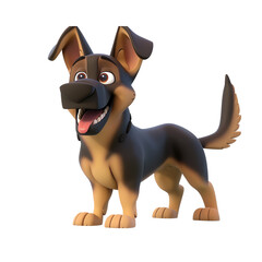 A 3D cartoon character of a protective German Shepherd, alert and strong, standing guard, brave, isolated on a white background.
