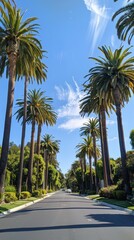 A car-free street in a nice neighborhood in California on a sunny day. Summer, palm trees. California vibe 