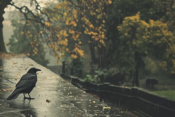 Fototapeta premium A solitary black crow in the rain and gloomy weather in the park. The concept of loneliness, rejection in society, or just dreary autumn weather