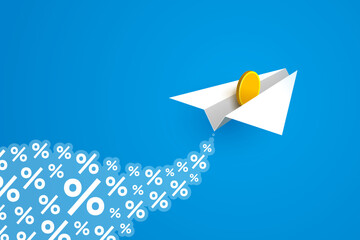 White paper airplane with gold coin and many percent signs