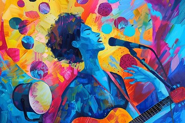 A painting depicting a woman enthusiastically singing into a microphone on stage. Generative AI