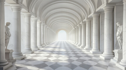 Naklejka premium A white classical hallway with marble statues and pillars, checkerboard floor, bright and airy ambiance, Generative AI.