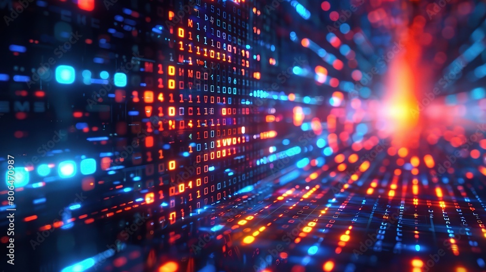 Poster a computer technology background with glowing data streams and digital matrix