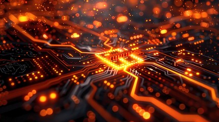 A computer technology background with glowing data streams and digital matrix