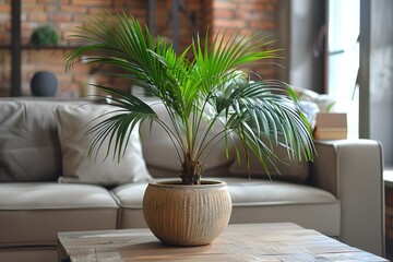 decorative date palm grows in the house in a pot. The concept of caring for a plant, in particular a house palm tree