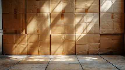 Stacked cardboard boxes in sunlight, captured in a real-life style, against a shaded wall, symbolizing storage and shipping. Generative AI - obrazy, fototapety, plakaty