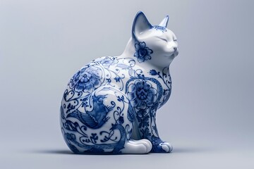 A blue and white porcelain cat with patterns on its body, sitting sideways, full of artistic sense, photographed in high definition with high resolution