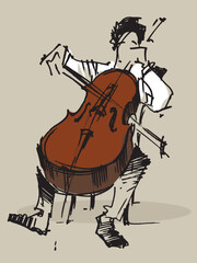 Cello. A musician plays the cello while sitting on a chair. Sketch of a musician. Music. Classical music concert. Music instrument © NazarDiablo