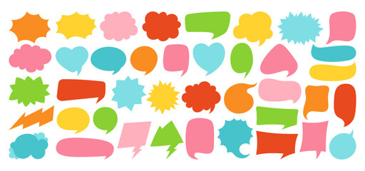 Speech bubble comic chatting box set. Colorful empty design elements dialog clouds message box. Speech thought blobs comics book, balloon banner for speak text. Cartoon vector illustration isolated