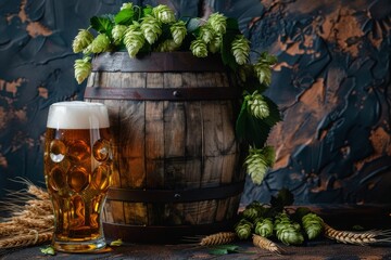A wooden beer barrel with beer glasses placed beside it, hops, and a wheat ear. Photo for Oktoberfest.