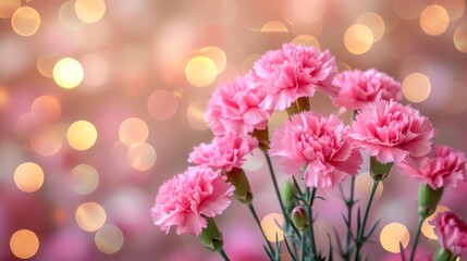 Obraz premium Glowing Neoclassical Style Carnation Floral Decorations for Mother's Day, Bright Indoor Setting with Golden Lighting and Joyful Atmosphere of Gratitude, High-Definition