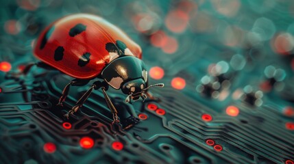 Illustrating a ladybug on computer circuits conveys the concept of computer bugs and the process of troubleshooting and debugging.