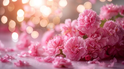 Obraz premium Glowing Neoclassical Style Carnation Floral Decorations for Mother's Day, Bright Indoor Setting with Golden Lighting and Joyful Atmosphere of Gratitude, High-Definition