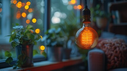 A light bulb hanging from a window with a bunch of plants in the background - Powered by Adobe