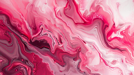 Abstract fluid art background with pink and red colors, featuring swirling patterns of liquid marble or concrete. The design evokes the beauty of natural geology formations
