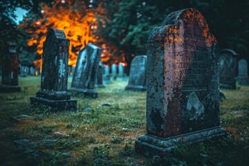 Tombstones in an old cemetery at night. Halloween concept, day of the dead